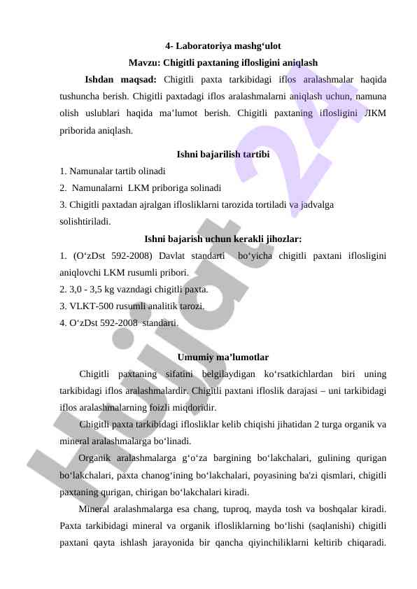 Chigitli paxtaning iflosligini aniqlash uslublari