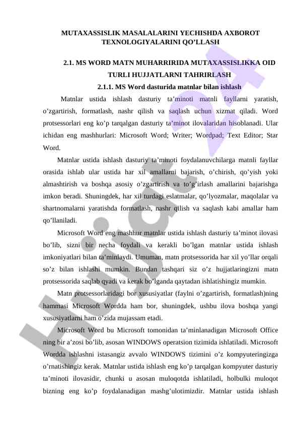 Ms word dasturida matnlar bilan ishlash qo‘llanmasi