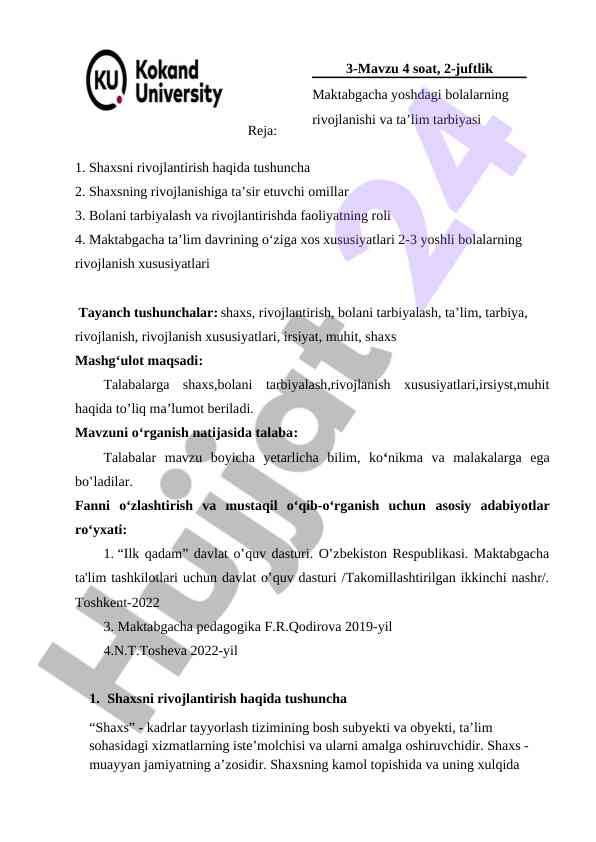 Maktabgacha Yoshdagi Bolalarning Rivojlanishi