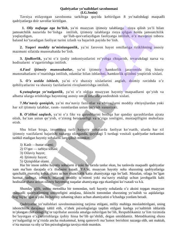 Qadriyatlar yo’nalishlari savolnomasi tahlili