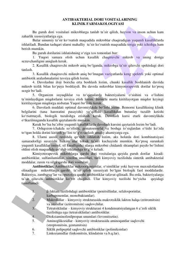 Antibakterial dori vositalarining klinik farmakologiyasi