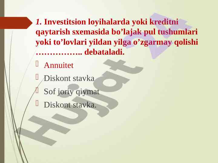 Investitsion loyihalardagi pul tushumlari tahlili