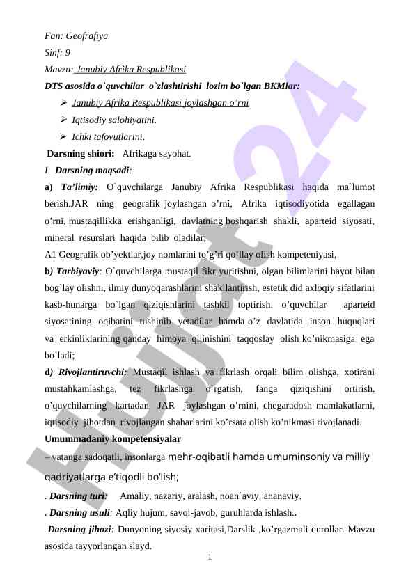 Janubiy afrika respublikasi geografiyasi dars ishlanmasi