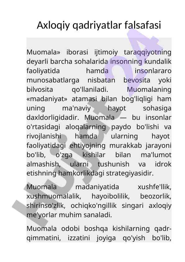 AXLOQIY QADRIYATLAR FALSAFASI MUOMALA
