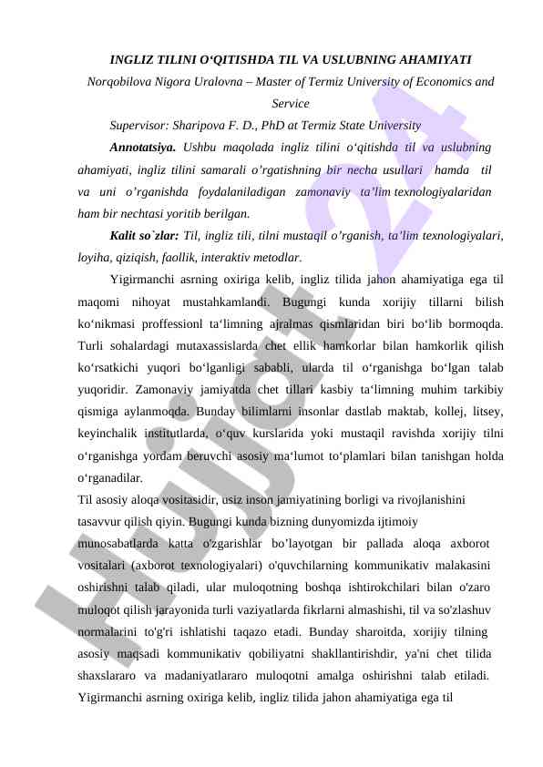 Ingliz tilini o‘qitishda usbun ahamiyati