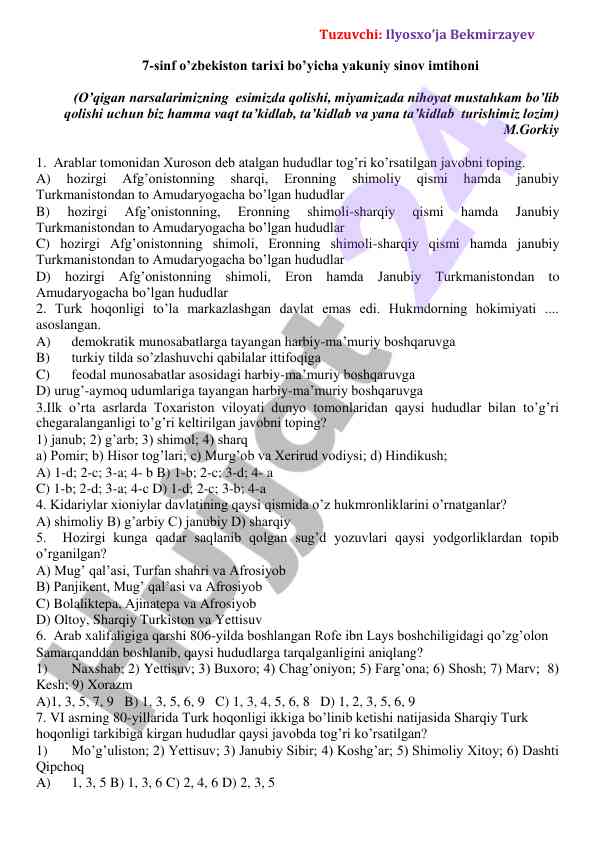 O‘zbek tarixi 7-sinf yakuniy sinov imtihoni
