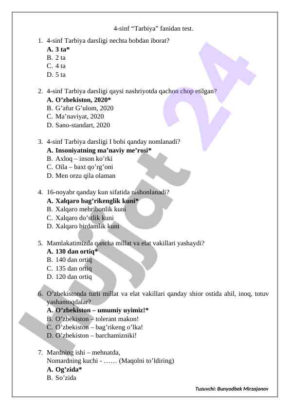 4-sinf tarbiya fani testini flexiv usulida