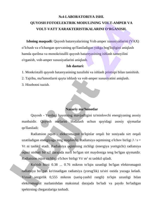 Quyosh fotoelektrik modulining volt-amper xususiyatlari