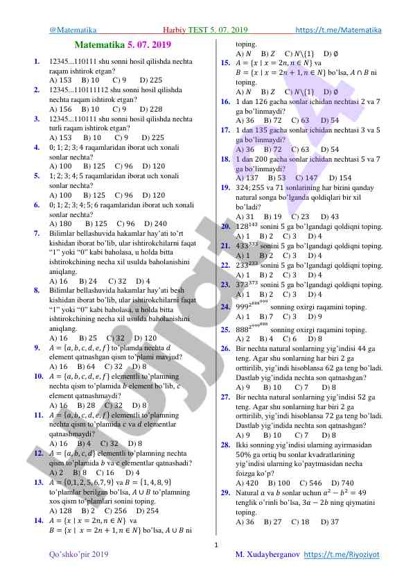 Matematika harbiy test savollari va javoblari