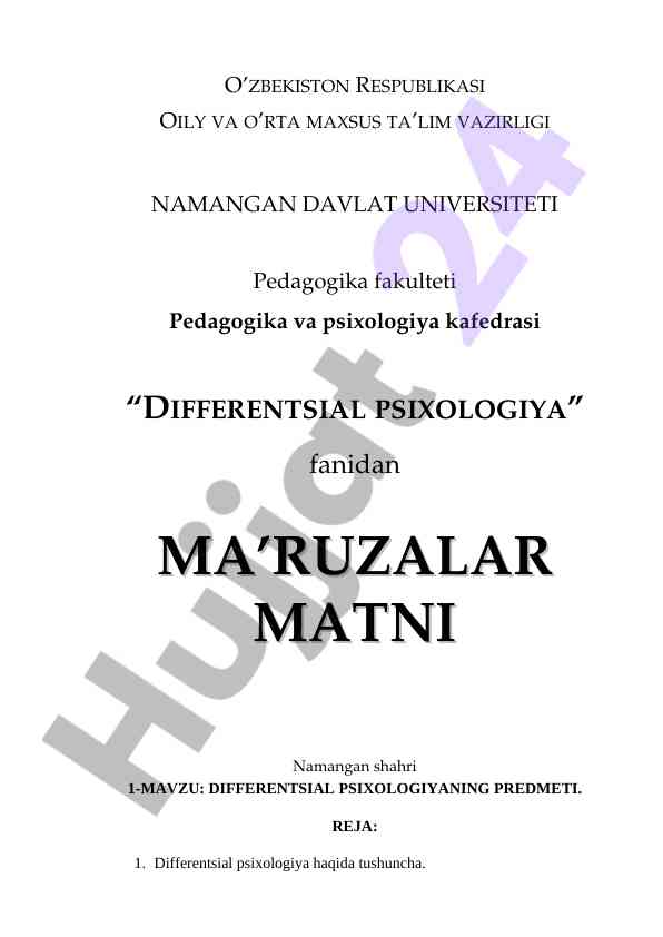 Differentsial psixologiya fanidan ma'ruzalar matni