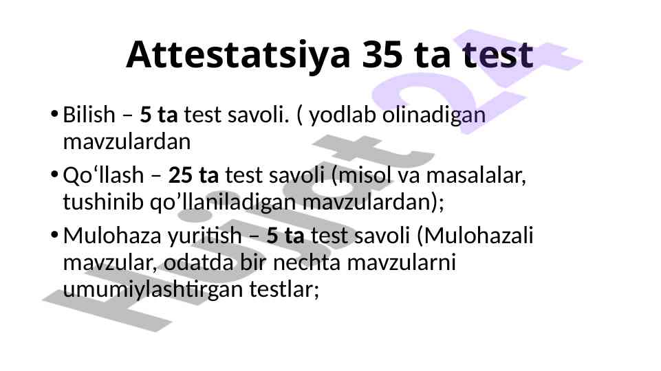 Test mavzulari va kodlash misollari