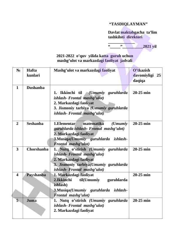 Maktabgacha ta’lim tashkiloti faoliyat jadvali