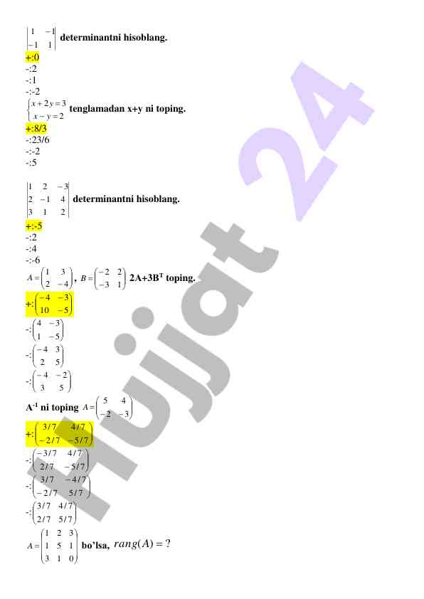 Matematika kursi: vektorlar va deterninantlar