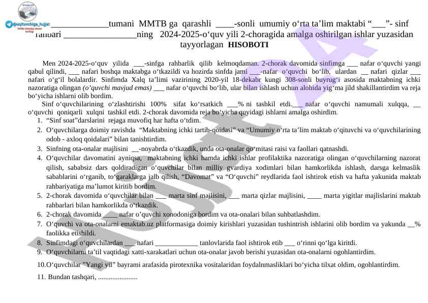 2024-2025 o‘quv yili hisoboti va ishlar xulosa