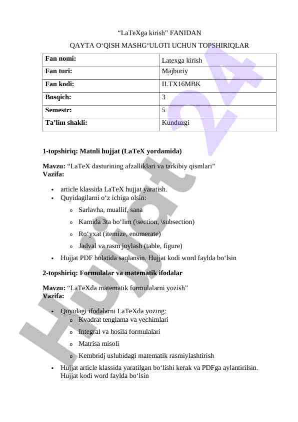 Latexda matematik formulalarni yozish bo‘yicha topshiriqlar