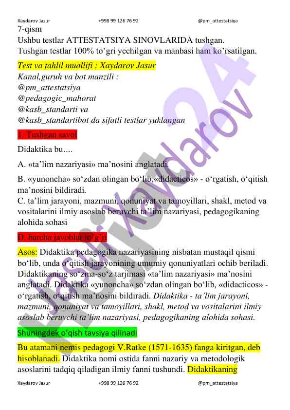 Attestatsiya sinovlarida tushgan testlar va tahliylar