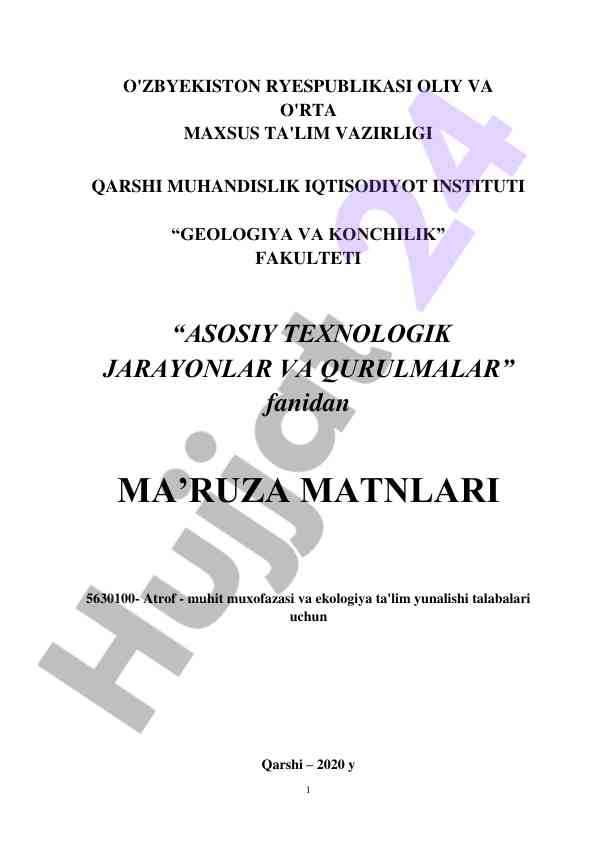 Asosiy texnologik jarayonlar va qurilmalar o‘quv qo‘llanmasi