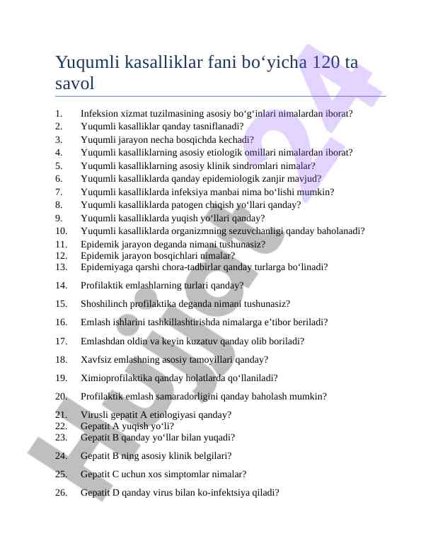 Yuqumli kasalliklar fani bo‘yicha savollar