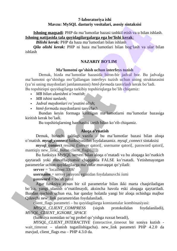 Mysql dasturiy vositalari asosiy sintaksisi
