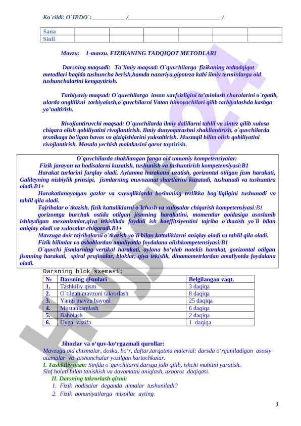 Fizikaning tadqiqot metodlari dars ishlanmasi