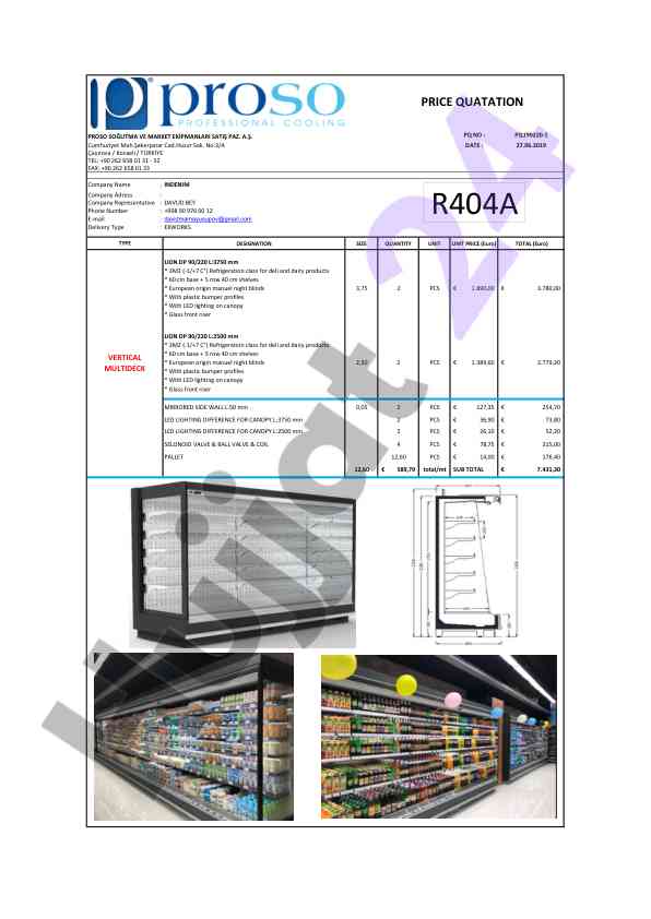 Refrigeration equipment sales quotation details