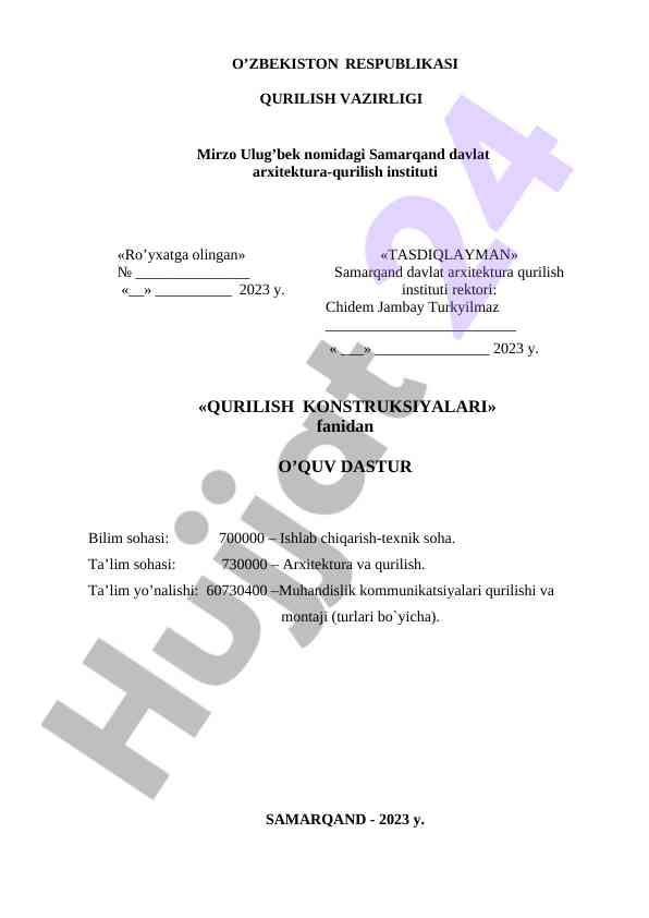 Qurilish konstruksiyalari fanidan o'quv dastur 2023