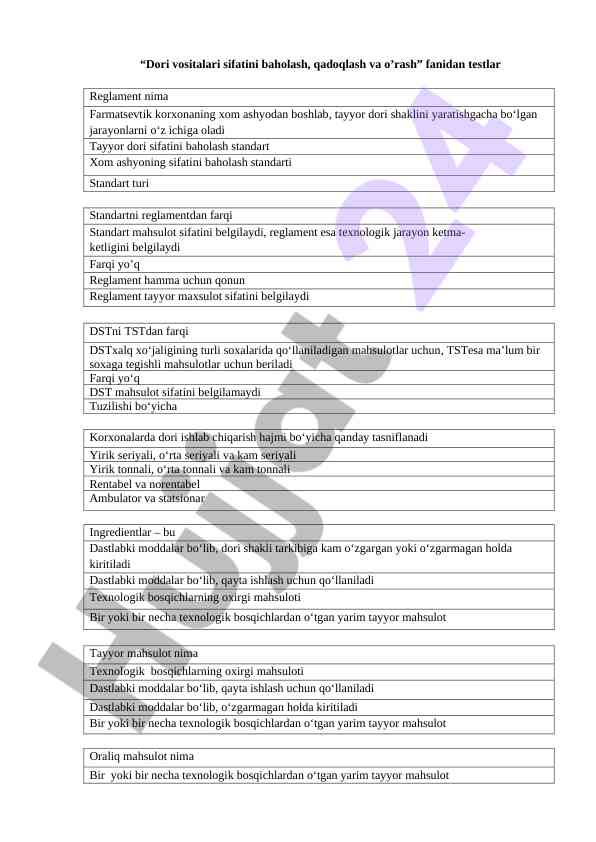 Dori vositalari sifatini baholash testlari
