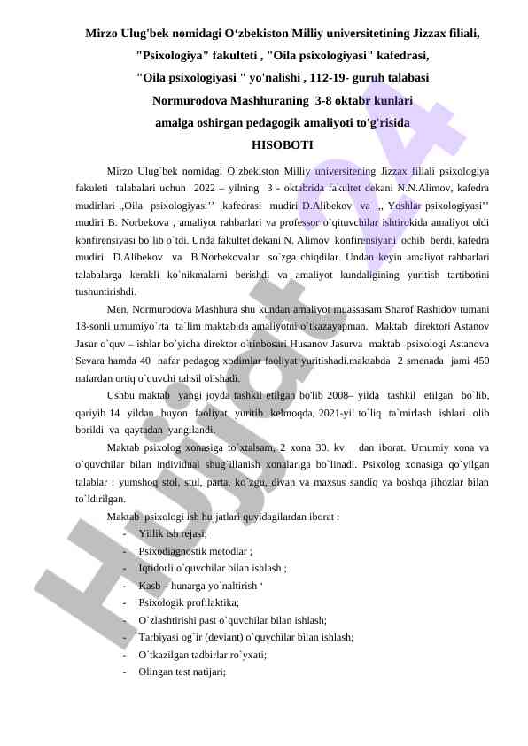 Oila psixologiyasi amaliyoti hisoboti