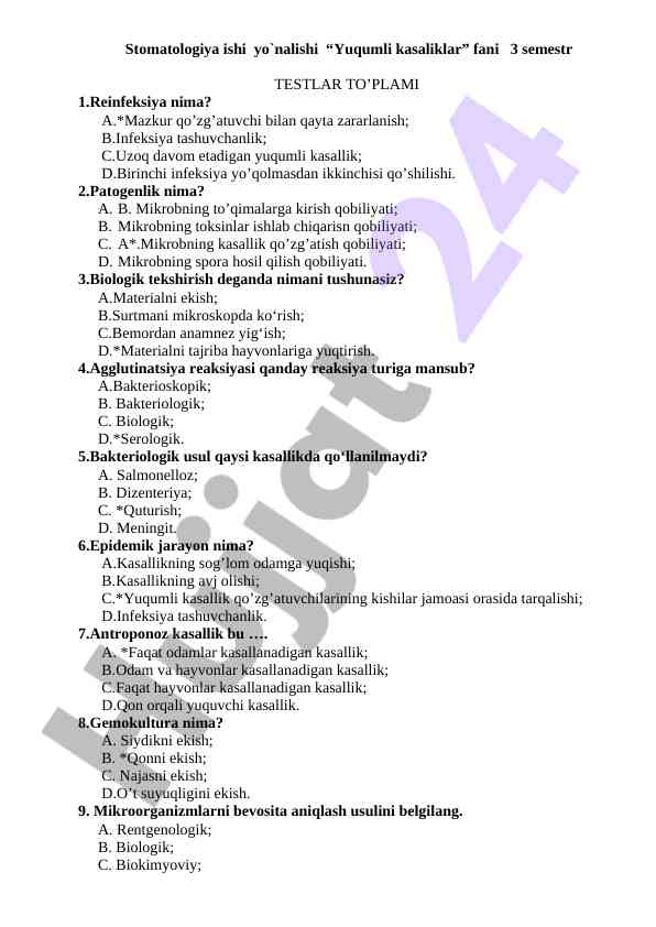 Stomatologiya ishiga oid yuqumli kasalliklar testlari