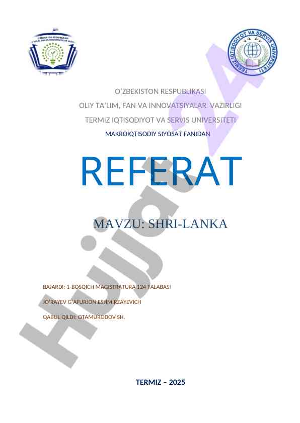 Shri-lanka tarixi va aholisi haqida referat