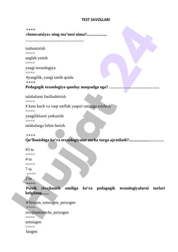 Innovatsiya va pedagogik texnologiyalar savollari