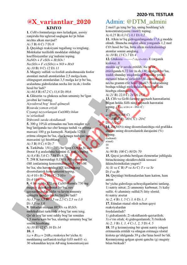 Kimyo testlari va misollar 2020-yil