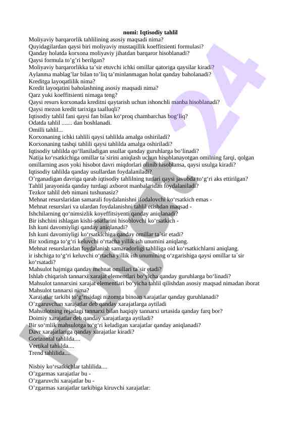 Iqtisodiy tahlil va moliyaviy barqarorlik