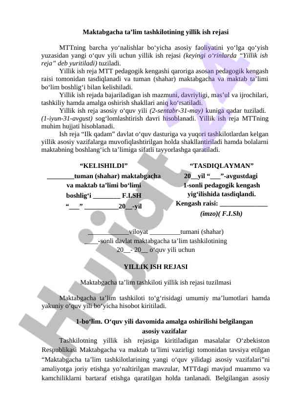 Maktabgacha ta’lim tashkiloti yillik ish rejasi
