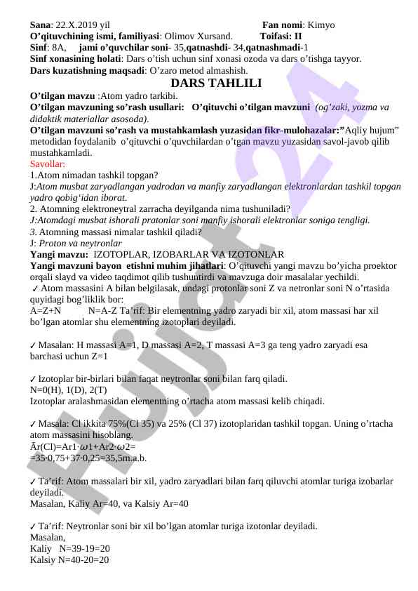 Kimyo darsidan o'tilgan mavzular va tahlil