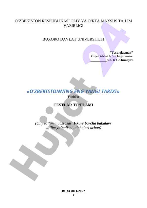 O’zbekistonning eng yangi tarixi testlar to’plami