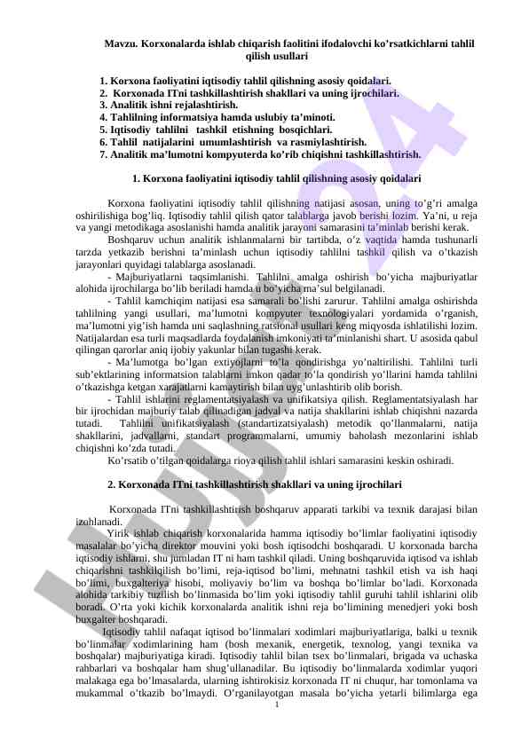 Korxonalarda ishlab chiqarish faolitini tahlil