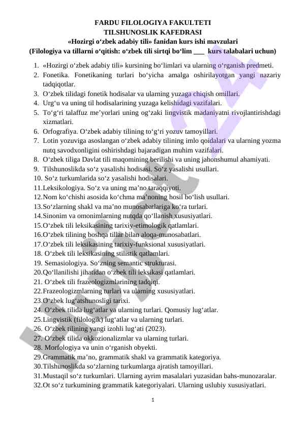 Hozirgi o‘zbek adabiy tili fanidan kurs ishlari