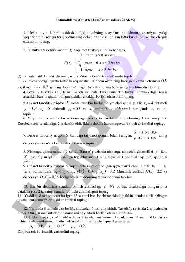 Ehtimollik va statistika fanidan misollar