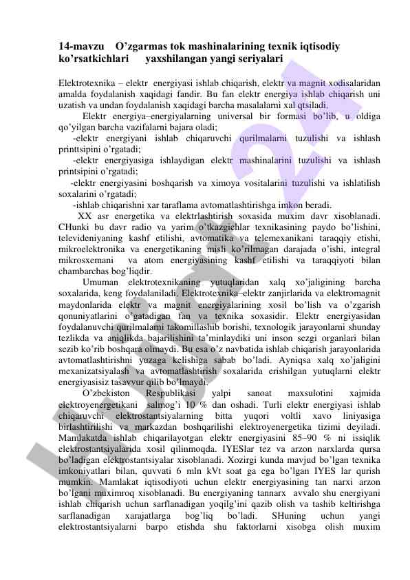 O’zgarmas tok mashinalarining texnik iqtisodiy ko’rsatkichlari