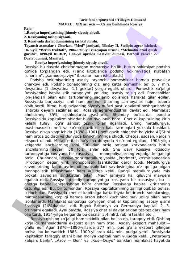 Rossiya imperiyasining ijtimoiy-siyosiy ahvoli