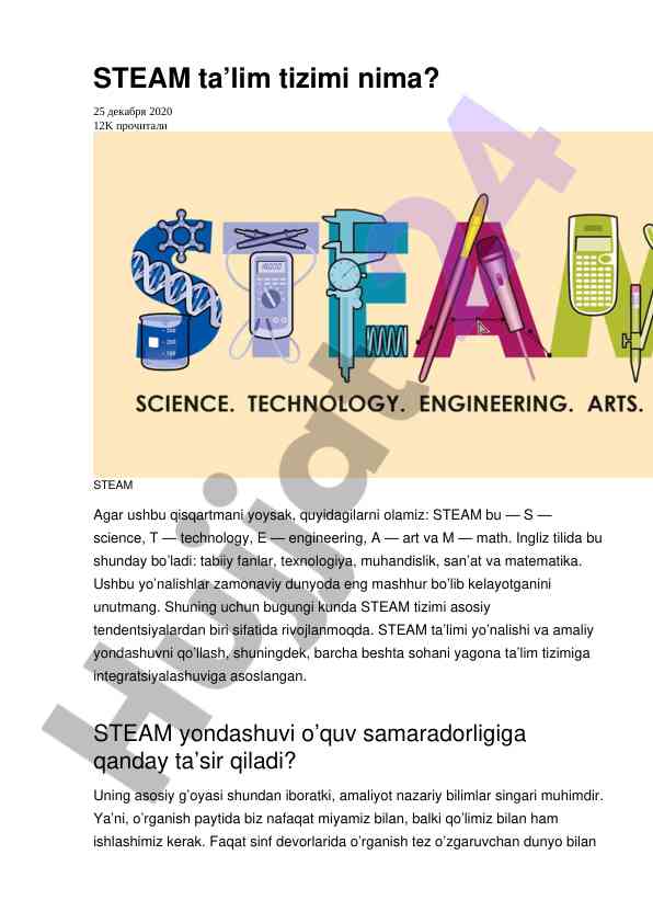 Steam ta’lim tizimi va amaliy yondashuv