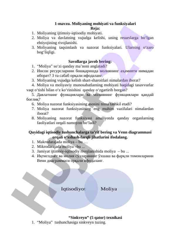 Moliyaning mohiyati va funksiyalari