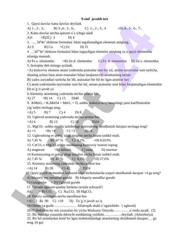 9-sinf kimyo testi katta davrlar haqida