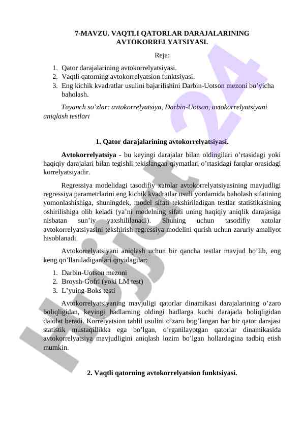 Vaqtli Qatorlar Darajalarining Avtokorrelyatsiyasi