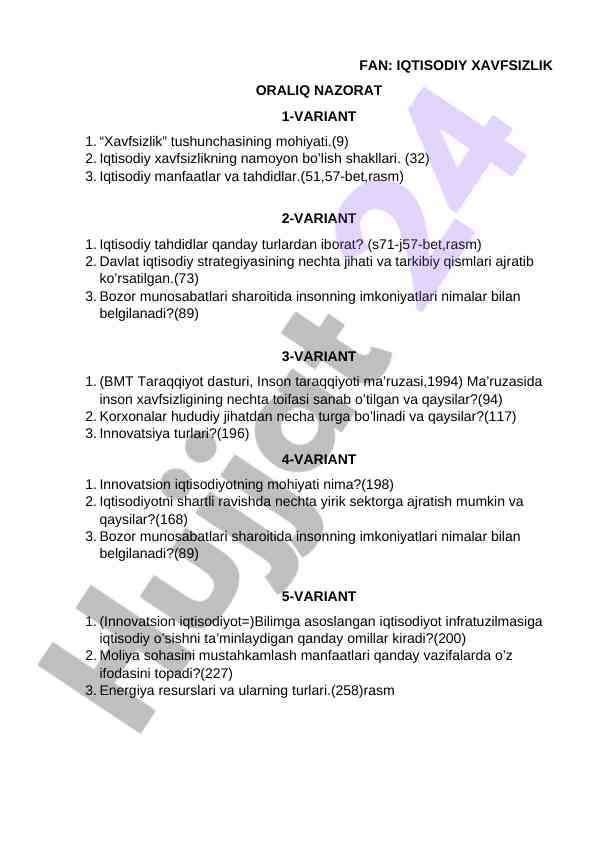 Iqtisodiy xavfsizlik oraliq nazorat savollari