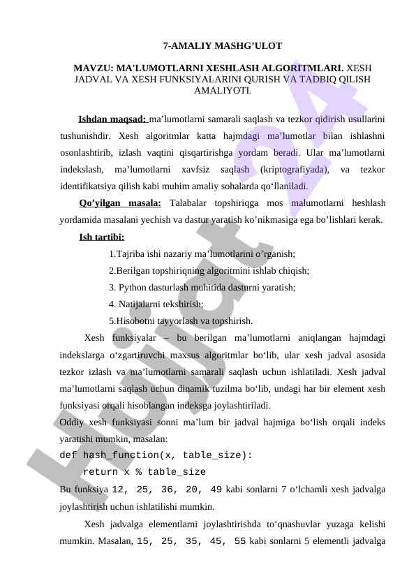 Ma'lumotlarni xeshlash algoritmlari va tadbiqlari