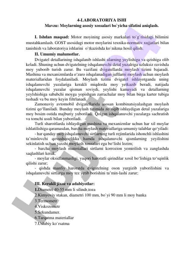 Moylarning asosiy xossalari bo'yicha sifatini aniqlash