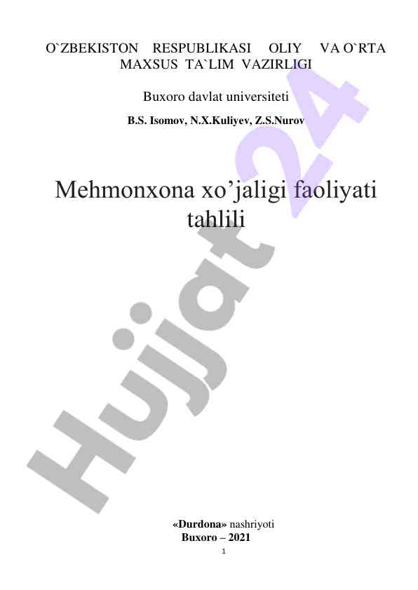 Mehmonxona xo‘jaligi faoliyati tahlili