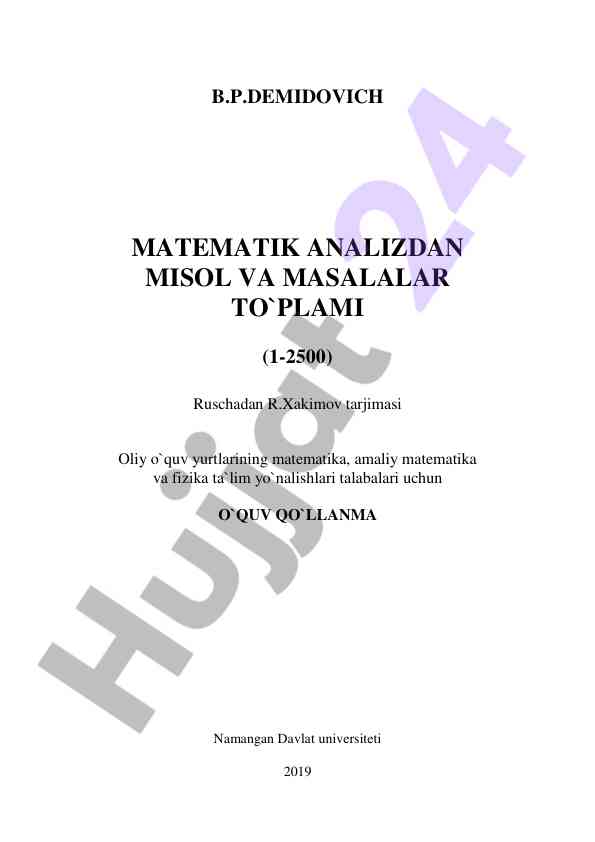Matematik analizdan misol va masalalar to`plami
